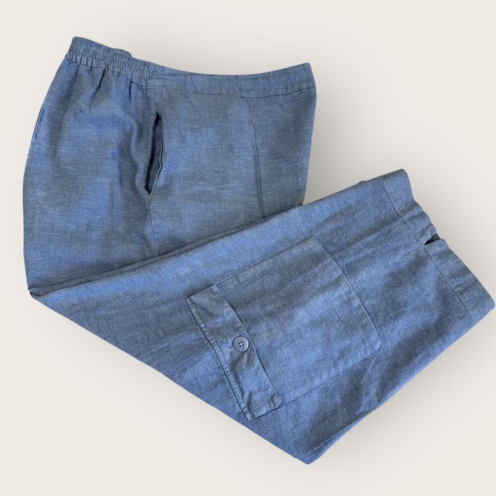 Coldwater Creek Vintage Linen Blend Cargo Crop Wide Leg Pants Pullon Size L Blue - Picture 3 of 14
